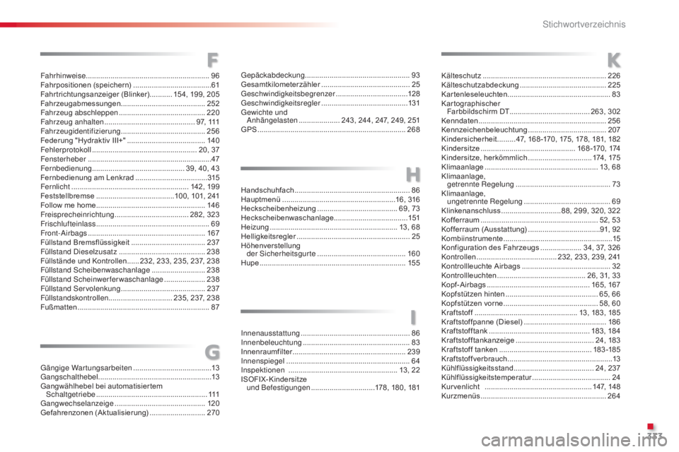 CITROEN C5 2015  Betriebsanleitungen (in German) 333
C5_de_Chap12_index-alpha_ed01-2014
FFahrhinweise ............................................................96
Fahrpositionen (speichern) ...................................... 61
F
ahrtrichtungs
