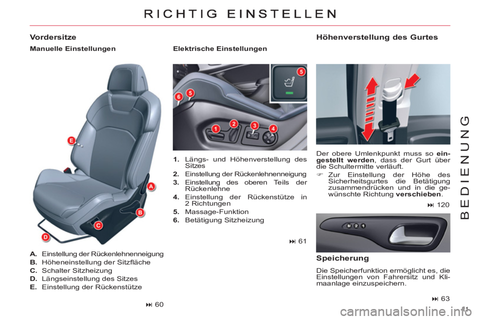 CITROEN C5 2014  Betriebsanleitungen (in German) 11  
BEDIENUNG
   
 
1. 
  Längs- und Höhenverstellung des 
Sitzes 
   
2. 
  Einstellung der Rückenlehnenneigung 
   
3. 
 Einstellung des obere
n Teils der 
Rückenlehne 
   
4. 
 Einstellung der