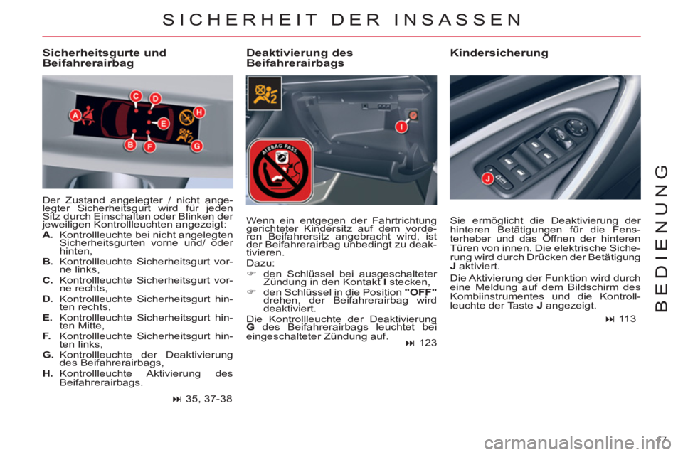 CITROEN C5 2014  Betriebsanleitungen (in German) 17 
BEDIENUNG
SICHERHEIT DER INSASSEN 
   
Deaktivierung des 
Beifahrerairbags    
Kindersicherung   
 
Sicherheitsgurte und 
Beifahrerairbag 
  Der Zustand angelegter / nicht ange-
legter Sicherheits