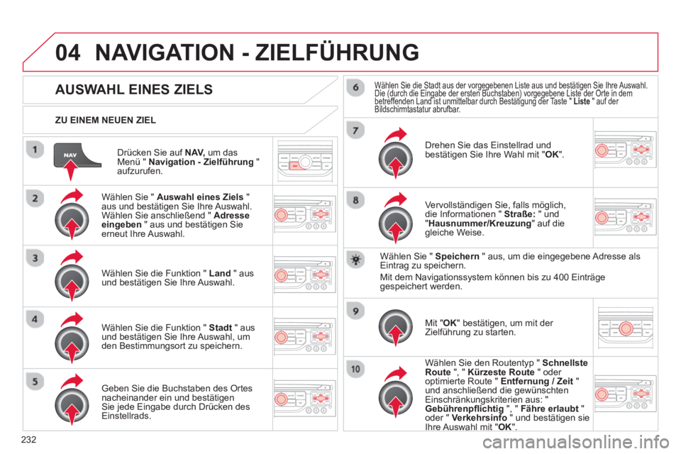 CITROEN C5 2014 Betriebsanleitungen (in German) 232
04
Drücken Sie auf NAV,
um dasMenü " Navigation - Zielführung"aufzurufen.
ZU EINEM NEUEN ZIEL
NAVIGATION - ZIELFÜHRUNG
AUSWAHL EINES ZIELS
Wählen Sie " Auswahl eines Ziels"
aus u CITROEN C5 2014 Betriebsanleitungen (in German) 232
04
Drücken Sie auf NAV,
um dasMenü " Navigation - Zielführung"aufzurufen.
ZU EINEM NEUEN ZIEL
NAVIGATION - ZIELFÜHRUNG
AUSWAHL EINES ZIELS
Wählen Sie " Auswahl eines Ziels"
aus u