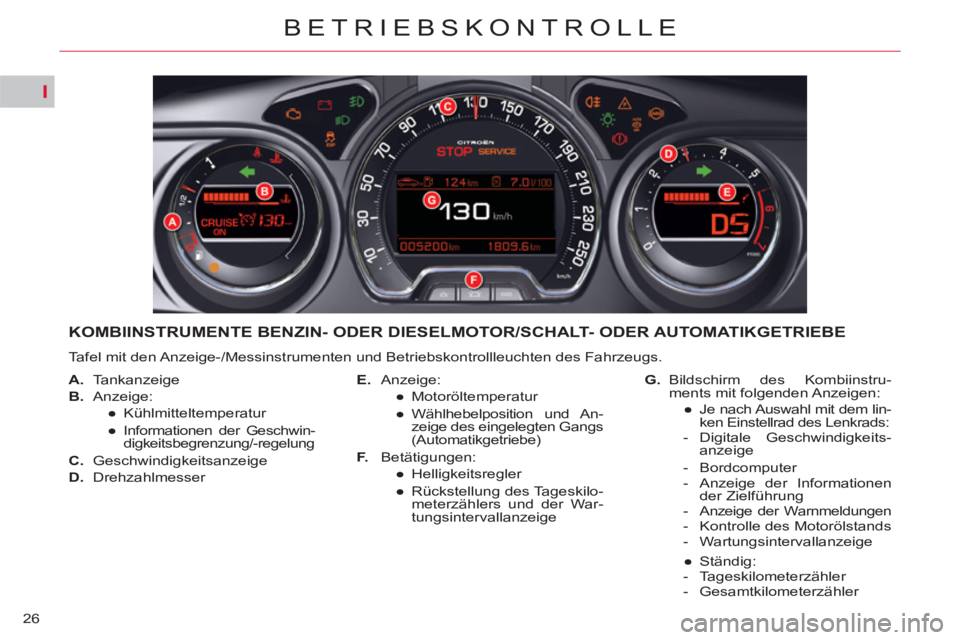 CITROEN C5 2014  Betriebsanleitungen (in German) I
26
BETRIEBSKONTROLLE
KOMBIINSTRUMENTE BENZIN- ODER DIESELMOTOR/SCHALT- ODER AUTOMATIKGETRIEBE 
  Tafel mit den Anzeige-/Messinstrumenten und Betriebskontrollleuchten des Fahrzeugs. 
   
 
A. 
 Tanka