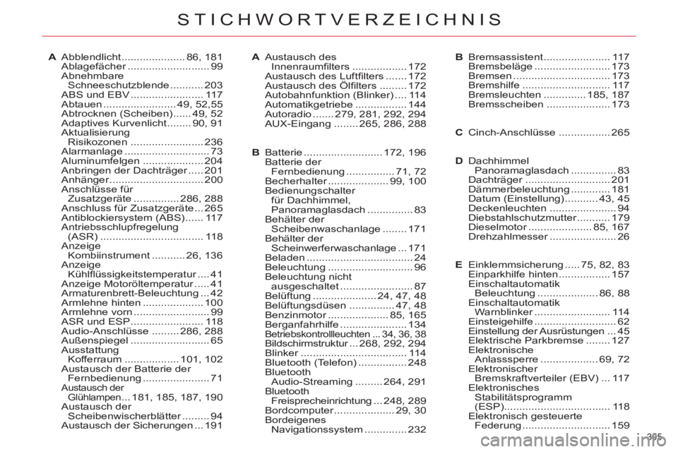 CITROEN C5 2014  Betriebsanleitungen (in German) 305 
STICHWORTVERZEICHNIS
A Abblendlicht ..................... 86, 181
 Ablagefächer ........................... 99
 Abnehmbare 
Schneeschutzblende ........... 203
  ABS und EBV .....................