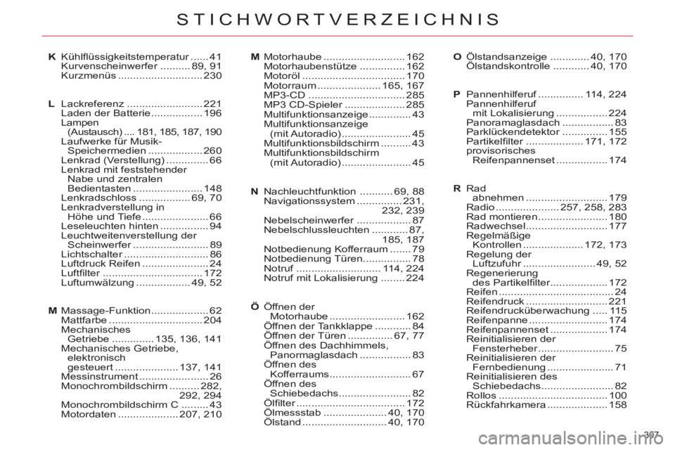 CITROEN C5 2014  Betriebsanleitungen (in German) 307 
STICHWORTVERZEICHNIS
K Kühlﬂ üssigkeitstemperatur ...... 41
 Kurvenscheinwerfer .......... 89, 91
 Kurzmenüs ............................ 230
L Lackreferenz ......................... 221
  L