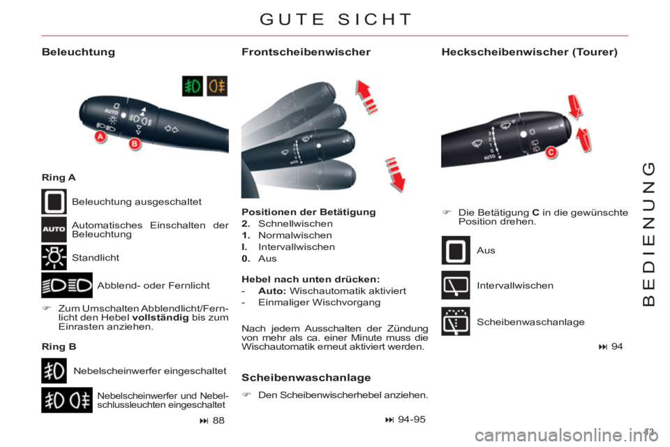 CITROEN C5 2012  Betriebsanleitungen (in German) 13 
BEDIENUNG
  GUTE SICHT 
 
 
Frontscheibenwischer 
 
 
Positionen der Betätigung 
 
   
2. 
 Schnellwischen 
   
1. 
 Normalwischen 
   
I. 
 Intervallwischen 
   
0. 
 Aus 
 
 
Beleuchtung 
 
Sta