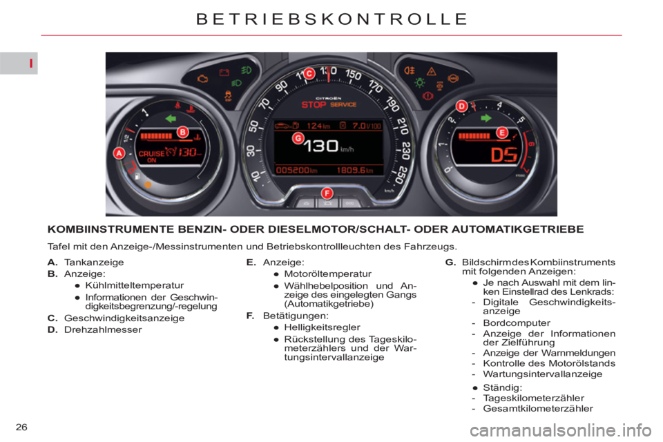 CITROEN C5 2012  Betriebsanleitungen (in German) I
26
BETRIEBSKONTROLLE
   
 
 
 
 
 
 
 
 
 
 
 
 
 
KOMBIINSTRUMENTE BENZIN- ODER DIESELMOTOR/SCHALT- ODER AUTOMATIKGETRIEBE 
 
Tafel mit den Anzeige-/Messinstrumenten und Betriebskontrollleuchten de