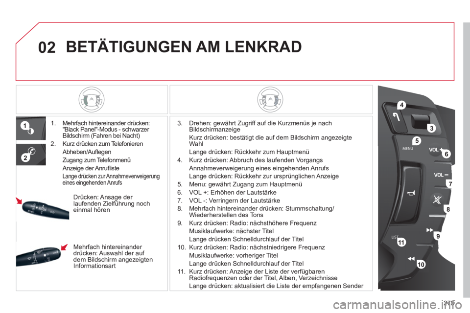 CITROEN C5 2012 Betriebsanleitungen (in German) 275
02
LISTMENU
1
2
4
3
5
6
7
8
9
10
11
BETÄTIGUNGEN AM LENKRAD
1. Mehrfach hintereinander drücken:
"Black Panel"-Modus - schwarzer
Bildschirm (Fahren bei Nacht)
2. Kurz drück CITROEN C5 2012 Betriebsanleitungen (in German) 275
02
LISTMENU
1
2
4
3
5
6
7
8
9
10
11
BETÄTIGUNGEN AM LENKRAD
1. Mehrfach hintereinander drücken:
"Black Panel"-Modus - schwarzer
Bildschirm (Fahren bei Nacht)
2. Kurz drück