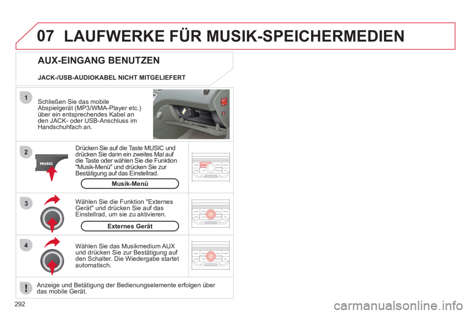 CITROEN C5 2012  Betriebsanleitungen (in German) 292
07
43 1
2
  LAUFWERKE FÜR MUSIK-SPEICHERMEDIEN 
 
 
Schließen Sie das mobile 
Abspielgerät (MP3/WMA-Player etc.) 
über ein entsprechendes Kabel an 
den JACK- oder USB-Anschluss im 
Handschuhfa