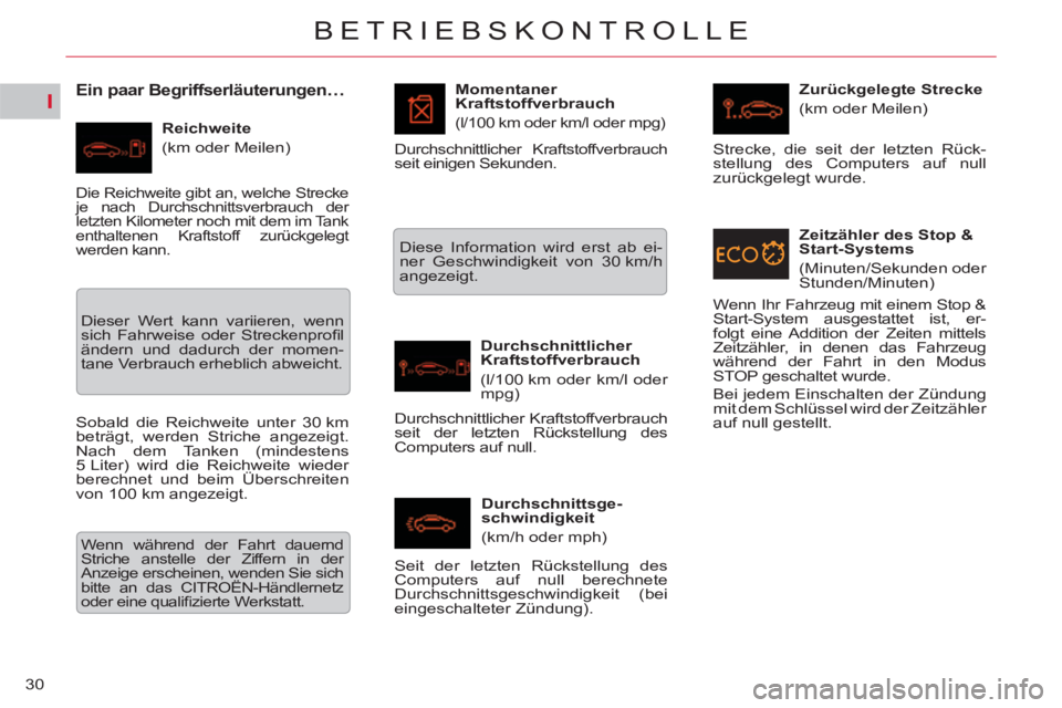 CITROEN C5 2012  Betriebsanleitungen (in German) I
30
BETRIEBSKONTROLLE
   
 
 
 
 
 
Ein paar Begriffserläuterungen… 
 
 
Reichweite 
  (km oder Meilen)    
Momentaner 
Kraftstoffverbrauch   (l/100 km oder km/l oder mpg) 
   
Durchschnittlicher 