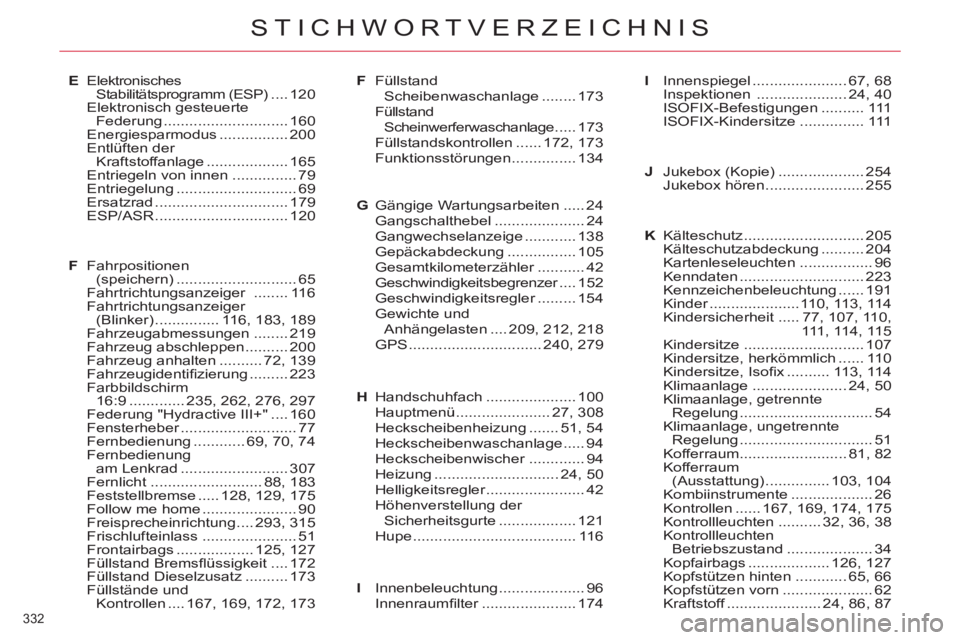 CITROEN C5 2012  Betriebsanleitungen (in German) 332 
STICHWORTVERZEICHNIS
E Elektronisches
Stabilitätsprogramm (ESP) .... 120
 Elektronisch gesteuerte 
Federung ............................. 160
 Energiesparmodus ................ 200
 Entlüften d