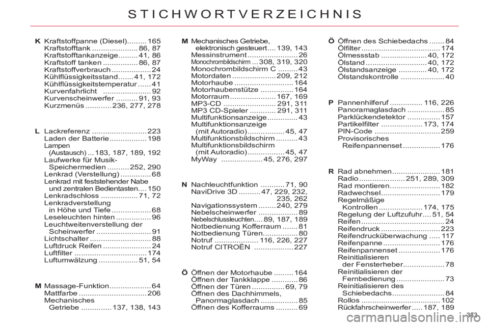 CITROEN C5 2012  Betriebsanleitungen (in German) 333 
STICHWORTVERZEICHNIS
K Kraftstoffpanne (Diesel) ......... 165
 Kraftstofftank ..................... 86, 87
 Kraftstofftankanzeige ......... 41, 86
  Kraftstoff tanken ................ 86, 87
 Kra