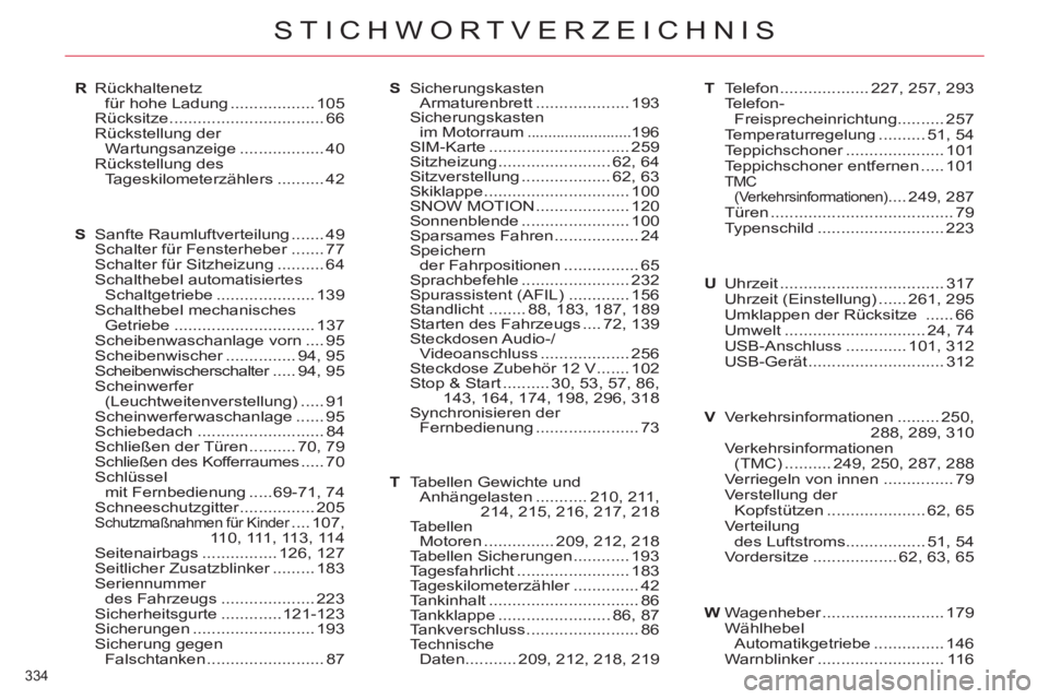 CITROEN C5 2012  Betriebsanleitungen (in German) 334 
STICHWORTVERZEICHNIS
R Rückhaltenetz 
für hohe Ladung .................. 105
 Rücksitze ................................. 66
 Rückstellung der 
Wartungsanzeige .................. 40
 Rückste