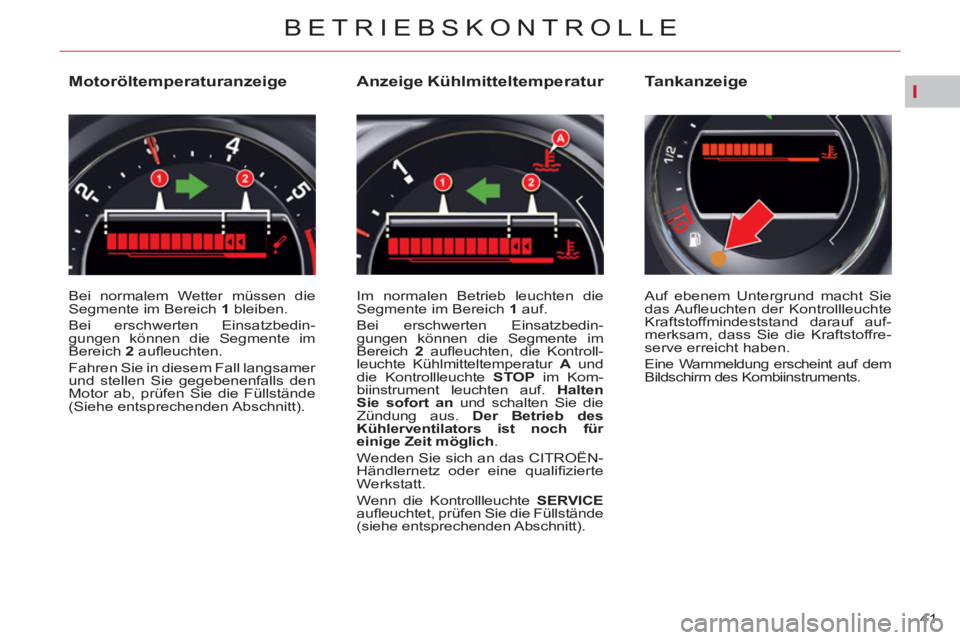 CITROEN C5 2012  Betriebsanleitungen (in German) I
41 
BETRIEBSKONTROLLE
   
 
 
 
 
 
 
 
 
 
 
 
 
 
 
Motoröltemperaturanzeige 
 
Bei normalem Wetter müssen die 
Segmente im Bereich  1 
 bleiben. 
  Bei erschwerten Einsatzbedin-
gungen können 