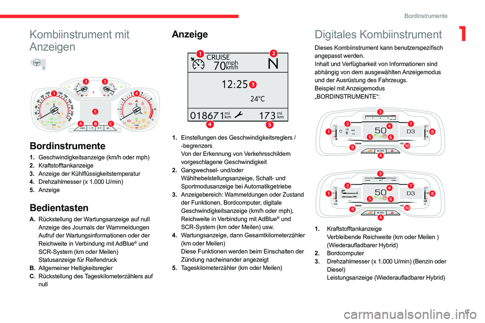 CITROEN C5 AIRCROSS 2022  Betriebsanleitungen (in German) 9
Bordinstrumente
1Kombiinstrument mit 
Anzeigen
  
 
 
Bordinstrumente
1. Geschwindigkeitsanzeige (km/h oder mph)
2. Kraftstofftankanzeige
3. Anzeige der Kühlflüssigkeitstemperatur
4. Drehzahlmesse