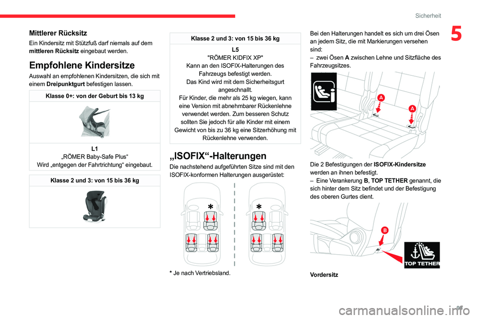 CITROEN C5 AIRCROSS 2022 Betriebsanleitungen (in German) 99
Sicherheit
5Mittlerer Rücksitz
Ein Kindersitz mit Stützfuß darf niemals auf dem
mittleren Rücksitz eingebaut werden.
Empfohlene Kindersitze
Auswahl an empfohlenen Kindersitzen, die sich mit
e CITROEN C5 AIRCROSS 2022 Betriebsanleitungen (in German) 99
Sicherheit
5Mittlerer Rücksitz
Ein Kindersitz mit Stützfuß darf niemals auf dem
mittleren Rücksitz eingebaut werden.
Empfohlene Kindersitze
Auswahl an empfohlenen Kindersitzen, die sich mit
e