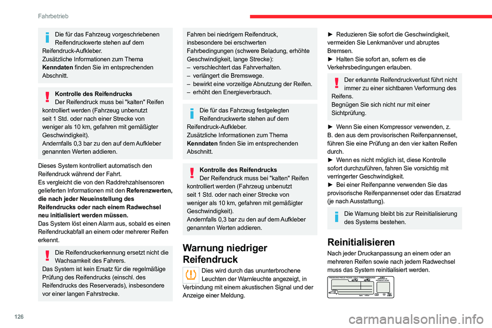CITROEN C5 AIRCROSS 2022 Betriebsanleitungen (in German) 126
Fahrbetrieb
Die für das Fahrzeug vorgeschriebenen Reifendruckwerte stehen auf dem
Reifendruck-Aufkleber.
Zusätzliche Informationen zum Thema
Kenndaten finden Sie im entsprechenden
Abschnitt.
CITROEN C5 AIRCROSS 2022 Betriebsanleitungen (in German) 126
Fahrbetrieb
Die für das Fahrzeug vorgeschriebenen Reifendruckwerte stehen auf dem
Reifendruck-Aufkleber.
Zusätzliche Informationen zum Thema
Kenndaten finden Sie im entsprechenden
Abschnitt.