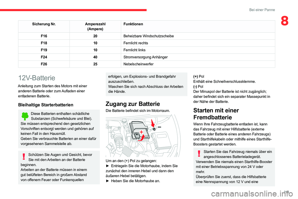 CITROEN C5 AIRCROSS 2022 Betriebsanleitungen (in German) 2 11
Bei einer Panne
8Sicherung Nr.Amperezahl
(Ampere) Funktionen
F16 20Beheizbare Windschutzscheibe
F18 10Fernlicht rechts
F19 10Fernlicht links
F24 40Stromversorgung Anhänger
F26 25Nebelscheinwerfe CITROEN C5 AIRCROSS 2022 Betriebsanleitungen (in German) 2 11
Bei einer Panne
8Sicherung Nr.Amperezahl
(Ampere) Funktionen
F16 20Beheizbare Windschutzscheibe
F18 10Fernlicht rechts
F19 10Fernlicht links
F24 40Stromversorgung Anhänger
F26 25Nebelscheinwerfe