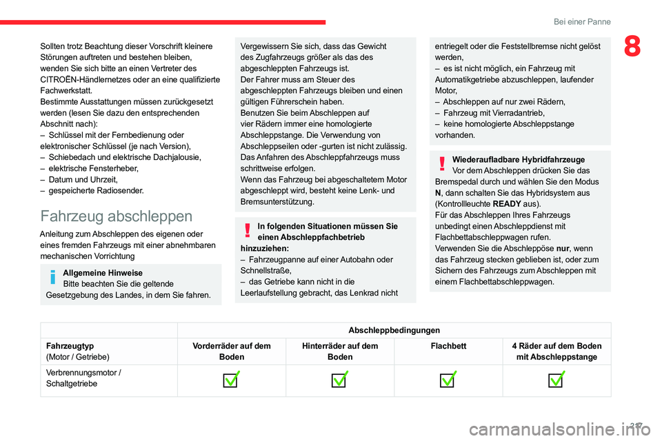 CITROEN C5 AIRCROSS 2022 Betriebsanleitungen (in German) 217
Bei einer Panne
8Sollten trotz Beachtung dieser Vorschrift kleinere
Störungen auftreten und bestehen bleiben,
wenden Sie sich bitte an einen Vertreter des
CITROËN-Händlernetzes oder an eine CITROEN C5 AIRCROSS 2022 Betriebsanleitungen (in German) 217
Bei einer Panne
8Sollten trotz Beachtung dieser Vorschrift kleinere
Störungen auftreten und bestehen bleiben,
wenden Sie sich bitte an einen Vertreter des
CITROËN-Händlernetzes oder an eine