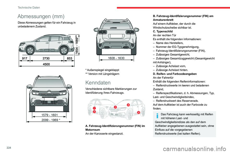CITROEN C5 AIRCROSS 2022 Betriebsanleitungen (in German) 224
Technische Daten
Abmessungen (mm)
Diese Abmessungen gelten für ein Fahrzeug in
unbeladenem Zustand.
* Außenspiegel eingeklappt
** Version mit Längsträgern
Kenndaten
Verschiedene CITROEN C5 AIRCROSS 2022 Betriebsanleitungen (in German) 224
Technische Daten
Abmessungen (mm)
Diese Abmessungen gelten für ein Fahrzeug in
unbeladenem Zustand.
* Außenspiegel eingeklappt
** Version mit Längsträgern
Kenndaten
Verschiedene