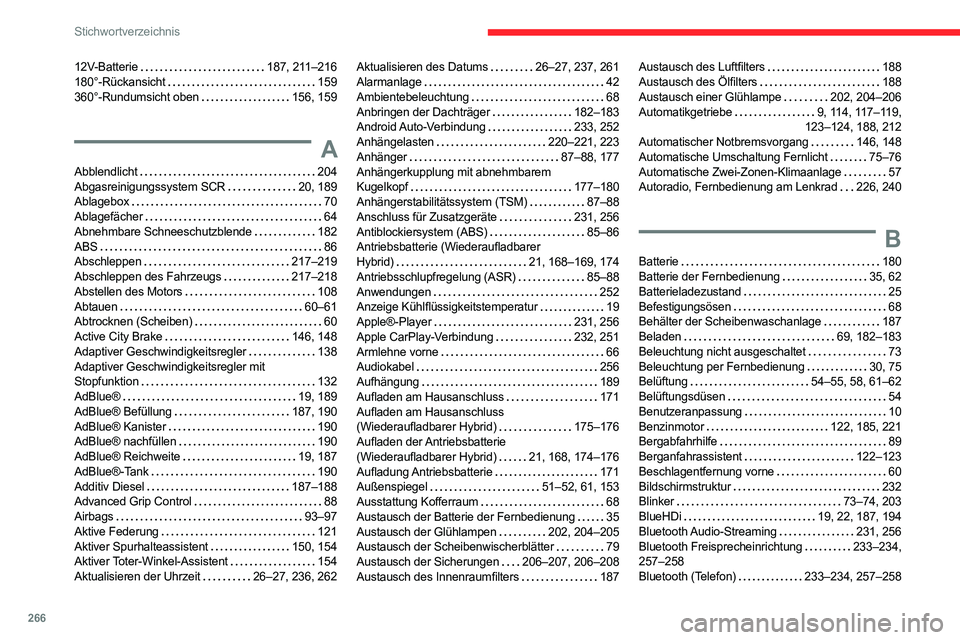 CITROEN C5 AIRCROSS 2022 Betriebsanleitungen (in German) 266
Stichwortverzeichnis
12V-Batterie 187, 211–216
180°-Rückansicht
159
360°-Rundumsicht oben
156, 159
A
Abblendlicht 204
Abgasreinigungssystem SCR
20, 189
Ablagebox
70
CITROEN C5 AIRCROSS 2022 Betriebsanleitungen (in German) 266
Stichwortverzeichnis
12V-Batterie 187, 211–216
180°-Rückansicht
159
360°-Rundumsicht oben
156, 159
A
Abblendlicht 204
Abgasreinigungssystem SCR
20, 189
Ablagebox
70