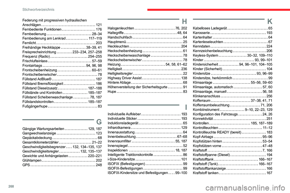 CITROEN C5 AIRCROSS 2022 Betriebsanleitungen (in German) 268
Stichwortverzeichnis
Federung mit progressiven hydraulischen
Anschlägen
121
Fernbediente Funktionen
176
Fernbedienung
28–34
Fernbedienung am Lenkrad
117–119
Fernlicht
2 CITROEN C5 AIRCROSS 2022 Betriebsanleitungen (in German) 268
Stichwortverzeichnis
Federung mit progressiven hydraulischen
Anschlägen
121
Fernbediente Funktionen
176
Fernbedienung
28–34
Fernbedienung am Lenkrad
117–119
Fernlicht
2