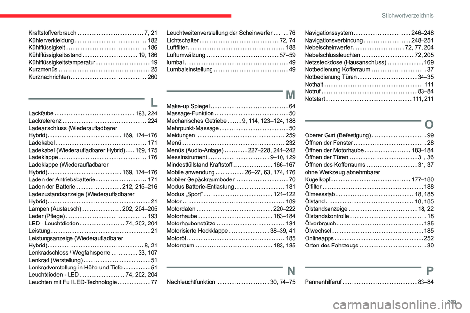 CITROEN C5 AIRCROSS 2022 Betriebsanleitungen (in German) 269
Stichwortverzeichnis
Kraftstoffverbrauch 7, 21
Kühlerverkleidung
182
Kühlflüssigkeit
186
Kühlflüssigkeitsstand
19, 186
Kühlflüssigkeitstemperatur
19
Kurzmenüs
25 CITROEN C5 AIRCROSS 2022 Betriebsanleitungen (in German) 269
Stichwortverzeichnis
Kraftstoffverbrauch 7, 21
Kühlerverkleidung
182
Kühlflüssigkeit
186
Kühlflüssigkeitsstand
19, 186
Kühlflüssigkeitstemperatur
19
Kurzmenüs
25