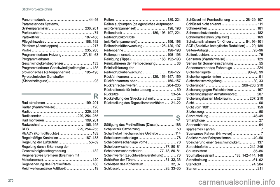 CITROEN C5 AIRCROSS 2022 Betriebsanleitungen (in German) 270
Stichwortverzeichnis
Panoramadach 44–46
Parameter des Systems,
Systemparameter
236, 261
Parkleuchten
74
Partikelfilter
187–188
Pflegehinweise
168, 192
Plattform (Ab CITROEN C5 AIRCROSS 2022 Betriebsanleitungen (in German) 270
Stichwortverzeichnis
Panoramadach 44–46
Parameter des Systems,
Systemparameter
236, 261
Parkleuchten
74
Partikelfilter
187–188
Pflegehinweise
168, 192
Plattform (Ab