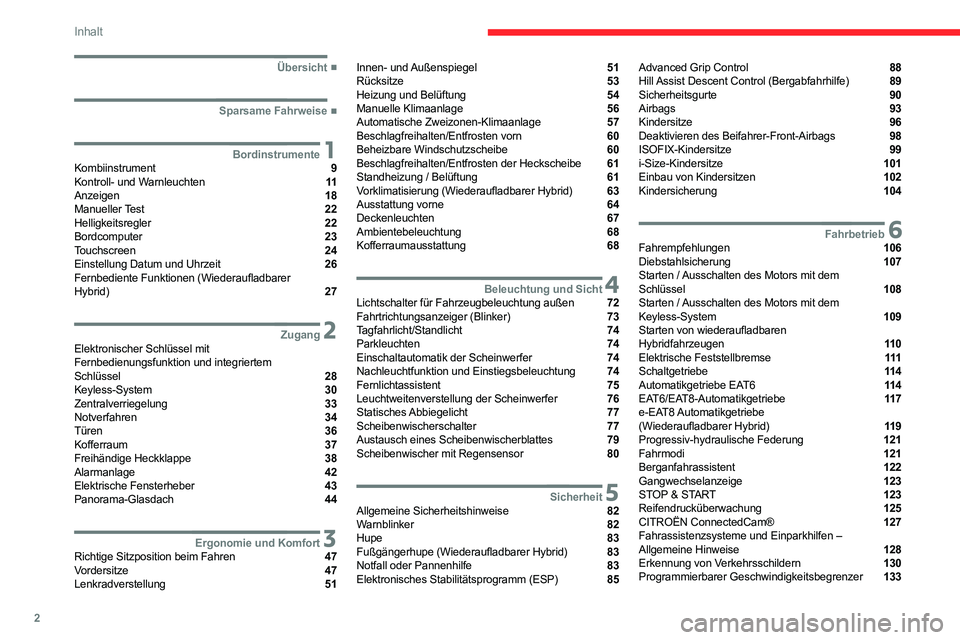 CITROEN C5 AIRCROSS 2022  Betriebsanleitungen (in German) 2
Inhalt
 
 
 
 
 
   ■
Übersicht
  ■
Sparsame Fahrweise
 1BordinstrumenteKombiinstrument  9
Kontroll- und Warnleuchten  11
Anzeigen  18
Manueller Test  22
Helligkeitsregler  22
Bordcomputer 