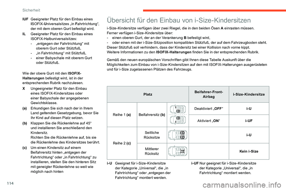 CITROEN C5 AIRCROSS 2020 Betriebsanleitungen (in German) 114
XUngeeigneter Platz für den Einbau
eines ISOFIX-Kindersitzes oder
einer Babyschale der angegebenen
Gewichtsklasse.
(a) Erkundigen Sie sich nach der in Ihrem
Land geltenden Gesetzgebung, bevor CITROEN C5 AIRCROSS 2020 Betriebsanleitungen (in German) 114
XUngeeigneter Platz für den Einbau
eines ISOFIX-Kindersitzes oder
einer Babyschale der angegebenen
Gewichtsklasse.
(a) Erkundigen Sie sich nach der in Ihrem
Land geltenden Gesetzgebung, bevor