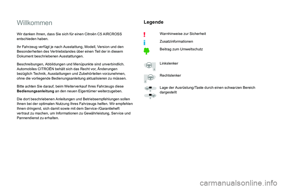 CITROEN C5 AIRCROSS 2020 Betriebsanleitungen (in German) 1
Willkommen
Wir danken Ihnen, dass Sie sich für einen Citroën C5 AIRCROSS
en tschieden haben.
Ihr Fahrzeug ver fügt je nach Ausstattung, Modell, Version und den
Besonderheiten des Vertriebslande CITROEN C5 AIRCROSS 2020 Betriebsanleitungen (in German) 1
Willkommen
Wir danken Ihnen, dass Sie sich für einen Citroën C5 AIRCROSS
en tschieden haben.
Ihr Fahrzeug ver fügt je nach Ausstattung, Modell, Version und den
Besonderheiten des Vertriebslande
