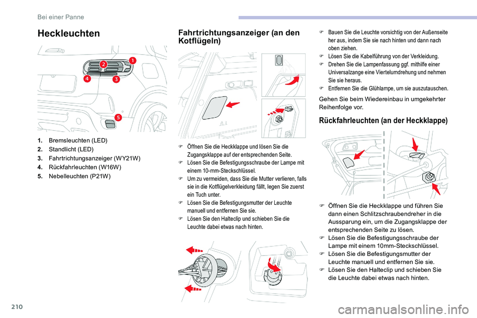 CITROEN C5 AIRCROSS 2020 Betriebsanleitungen (in German) 210
Heckleuchten
1.Bremsleuchten (LED)
2. Standlicht (LED)
3. Fahrtrichtungsanzeiger (WY21W)
4. Rückfahrleuchten (W16W)
5. Nebelleuchten (P21W)
Fahrtrichtungsanzeiger (an den
Kotflügeln)
F Öffnen CITROEN C5 AIRCROSS 2020 Betriebsanleitungen (in German) 210
Heckleuchten
1.Bremsleuchten (LED)
2. Standlicht (LED)
3. Fahrtrichtungsanzeiger (WY21W)
4. Rückfahrleuchten (W16W)
5. Nebelleuchten (P21W)
Fahrtrichtungsanzeiger (an den
Kotflügeln)
F Öffnen