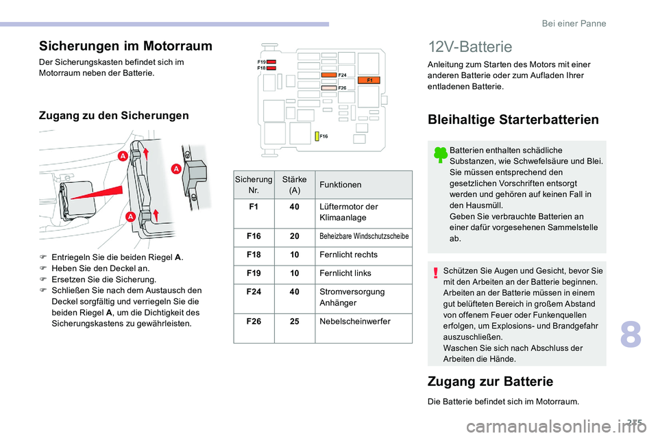 CITROEN C5 AIRCROSS 2020 Betriebsanleitungen (in German) 215
Sicherung N r.Stärke (A) Funktionen
F1 40Lüftermotor der
Klimaanlage
F16 20
Beheizbare Windschutzscheibe
F18 10Fernlicht rechts
F19 10Fernlicht links
F24 40Stromversorgung
Anhänger
F26 25Nebe CITROEN C5 AIRCROSS 2020 Betriebsanleitungen (in German) 215
Sicherung N r.Stärke (A) Funktionen
F1 40Lüftermotor der
Klimaanlage
F16 20
Beheizbare Windschutzscheibe
F18 10Fernlicht rechts
F19 10Fernlicht links
F24 40Stromversorgung
Anhänger
F26 25Nebe