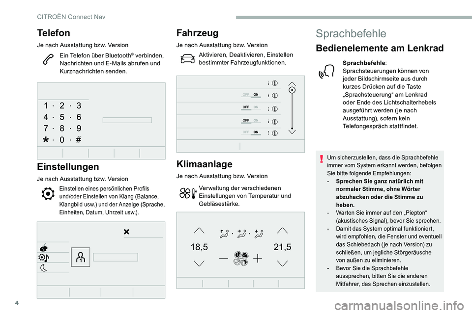 CITROEN C5 AIRCROSS 2020 Betriebsanleitungen (in German) 4
21,518,5
Telefon
Je nach Ausstattung bzw. VersionEin Telefon über Bluetooth
® verbinden,
Nachrichten und E-Mails abrufen und
Kurznachrichten senden.
Einstellungen
Je nach Ausstattung bzw. Versio CITROEN C5 AIRCROSS 2020 Betriebsanleitungen (in German) 4
21,518,5
Telefon
Je nach Ausstattung bzw. VersionEin Telefon über Bluetooth
® verbinden,
Nachrichten und E-Mails abrufen und
Kurznachrichten senden.
Einstellungen
Je nach Ausstattung bzw. Versio