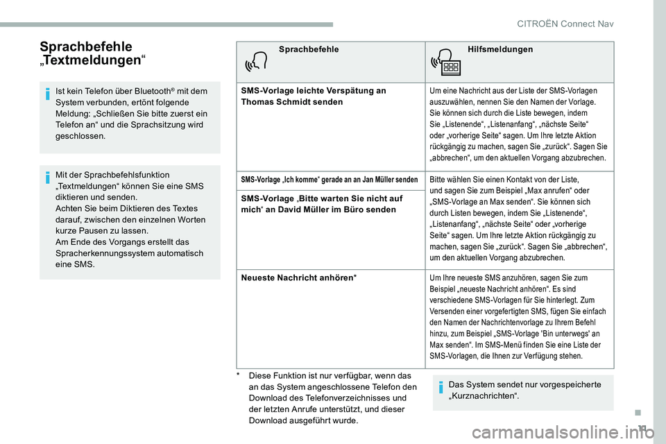 CITROEN C5 AIRCROSS 2020 Betriebsanleitungen (in German) 11
Sprachbefehle
„Textmeldungen “
Ist kein Telefon über Bluetooth® mit dem
System verbunden, ertönt folgende
Meldung: „Schließen Sie bitte zuerst ein
Telefon an“ und die Sprachsitzung CITROEN C5 AIRCROSS 2020 Betriebsanleitungen (in German) 11
Sprachbefehle
„Textmeldungen “
Ist kein Telefon über Bluetooth® mit dem
System verbunden, ertönt folgende
Meldung: „Schließen Sie bitte zuerst ein
Telefon an“ und die Sprachsitzung