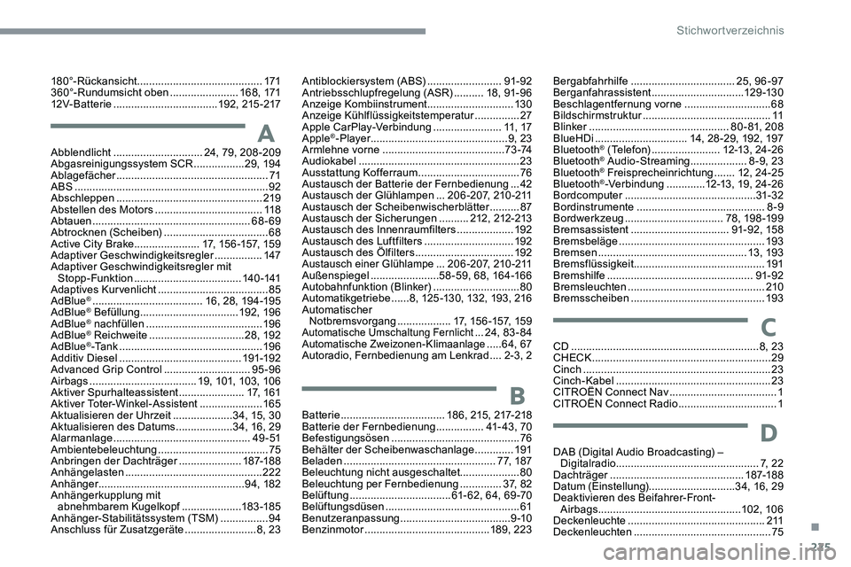 CITROEN C5 AIRCROSS 2020 Betriebsanleitungen (in German) 225
180°-Rückansicht ..........................................17 1
360°-Rundumsicht oben .......................16 8 , 171
12V-Batterie
................................... 1
92, 215 -217
Batter CITROEN C5 AIRCROSS 2020 Betriebsanleitungen (in German) 225
180°-Rückansicht ..........................................17 1
360°-Rundumsicht oben .......................16 8 , 171
12V-Batterie
................................... 1
92, 215 -217
Batter