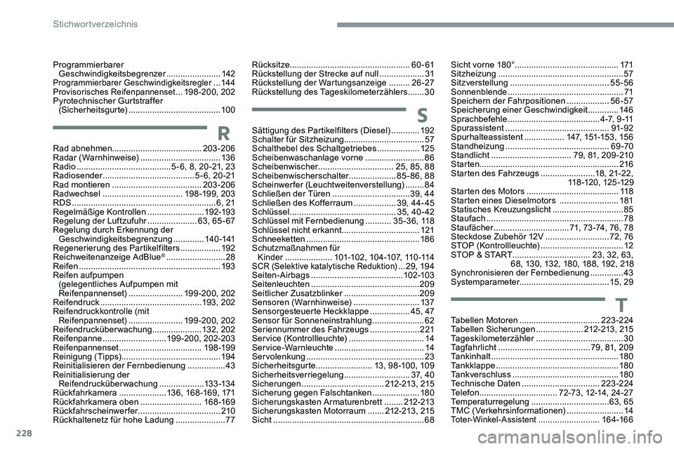 CITROEN C5 AIRCROSS 2020 Betriebsanleitungen (in German) 228
Programmierbarer Geschwindigkeitsbegrenzer .......................142
Programmierbarer Geschwindigkeitsregler ...144Provisorisches Reifenpannenset ... 198-200, 202
Pyrotechnischer Gurtstraffer ( CITROEN C5 AIRCROSS 2020 Betriebsanleitungen (in German) 228
Programmierbarer Geschwindigkeitsbegrenzer .......................142
Programmierbarer Geschwindigkeitsregler ...144Provisorisches Reifenpannenset ... 198-200, 202
Pyrotechnischer Gurtstraffer (
