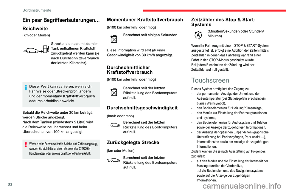 CITROEN C5 AIRCROSS 2020 Betriebsanleitungen (in German) 32
Durchschnittlicher
Kraftstoffverbrauch
(l/100 km oder km/l oder mpg)B erechnet seit der letzten
Rückstellung des Bordcomputers
auf null.
Durchschnittsgeschwindigkeit
(km/h oder mph)
Berechnet s CITROEN C5 AIRCROSS 2020 Betriebsanleitungen (in German) 32
Durchschnittlicher
Kraftstoffverbrauch
(l/100 km oder km/l oder mpg)B erechnet seit der letzten
Rückstellung des Bordcomputers
auf null.
Durchschnittsgeschwindigkeit
(km/h oder mph)
Berechnet s