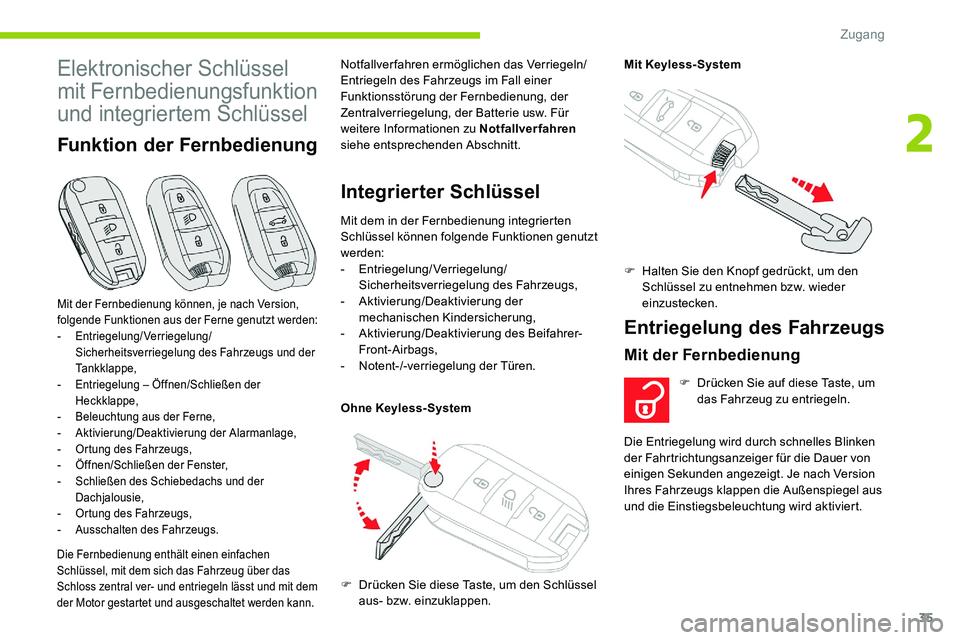CITROEN C5 AIRCROSS 2020 Betriebsanleitungen (in German) 35
Elektronischer Schlüssel
mit Fernbedienungsfunktion
und integriertem Schlüssel
Funktion der Fernbedienung
Die Fernbedienung enthält einen einfachen
Schlüssel, mit dem sich das Fahrzeug über CITROEN C5 AIRCROSS 2020 Betriebsanleitungen (in German) 35
Elektronischer Schlüssel
mit Fernbedienungsfunktion
und integriertem Schlüssel
Funktion der Fernbedienung
Die Fernbedienung enthält einen einfachen
Schlüssel, mit dem sich das Fahrzeug über