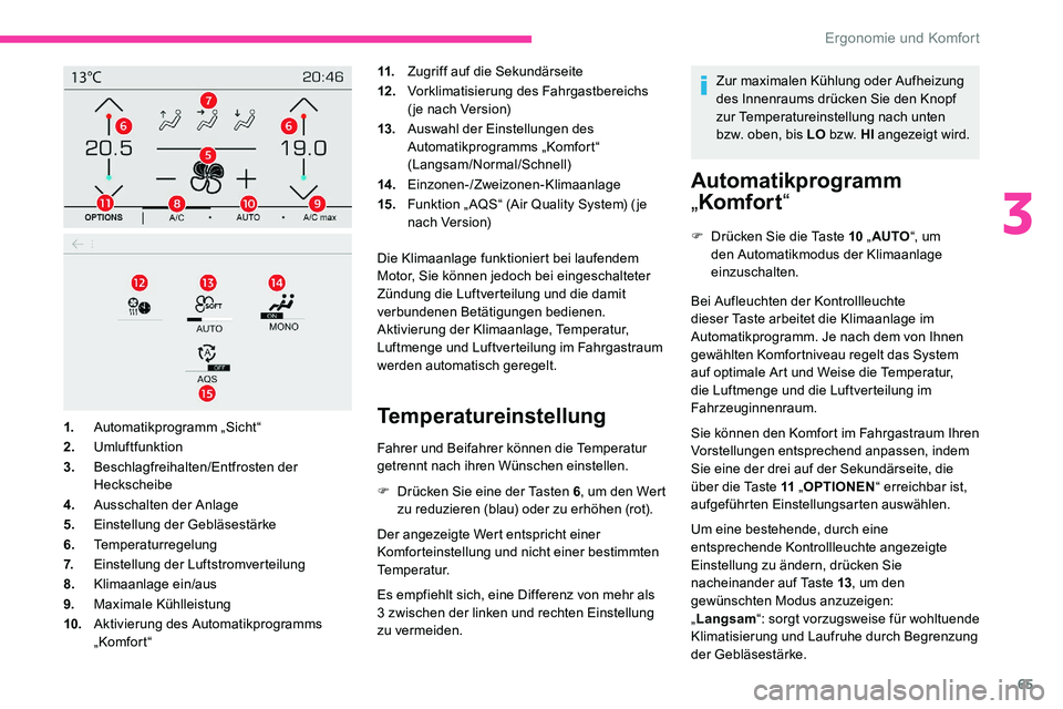 CITROEN C5 AIRCROSS 2020 Betriebsanleitungen (in German) 65
11.Zugriff auf die Sekundärseite
12 . Vorklimatisierung des Fahrgastbereichs
( je nach Version)
13. Auswahl der Einstellungen des
Automatikprogramms „Komfort“
(Langsam/Normal/Schnell)
14 . CITROEN C5 AIRCROSS 2020 Betriebsanleitungen (in German) 65
11.Zugriff auf die Sekundärseite
12 . Vorklimatisierung des Fahrgastbereichs
( je nach Version)
13. Auswahl der Einstellungen des
Automatikprogramms „Komfort“
(Langsam/Normal/Schnell)
14 .