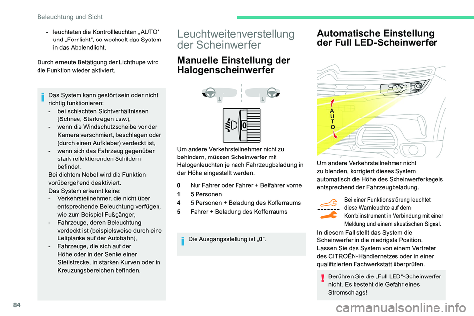 CITROEN C5 AIRCROSS 2020 Betriebsanleitungen (in German) 84
Automatische Einstellung
der Full LED-Scheinwerfer
Bei einer Funktionsstörung leuchtet
diese Warnleuchte auf dem
Kombiinstrument in Verbindung mit einer
Meldung und einem akustischen Signal.
B CITROEN C5 AIRCROSS 2020 Betriebsanleitungen (in German) 84
Automatische Einstellung
der Full LED-Scheinwerfer
Bei einer Funktionsstörung leuchtet
diese Warnleuchte auf dem
Kombiinstrument in Verbindung mit einer
Meldung und einem akustischen Signal.
B
