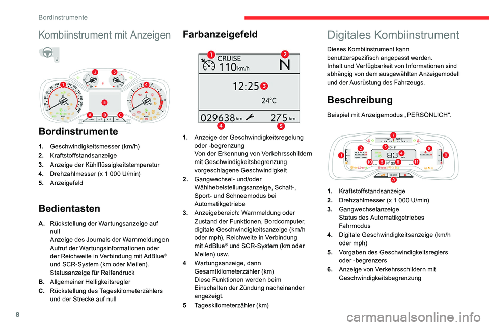 CITROEN C5 AIRCROSS 2020 Betriebsanleitungen (in German) 8
Kombiinstrument mit Anzeigen
Bordinstrumente
1.Geschwindigkeitsmesser (km/h)
2. Kraftstoffstandsanzeige
3. Anzeige der Kühlflüssigkeitstemperatur
4. Drehzahlmesser (x 1
000 U/min)
5. Anzeigefe CITROEN C5 AIRCROSS 2020 Betriebsanleitungen (in German) 8
Kombiinstrument mit Anzeigen
Bordinstrumente
1.Geschwindigkeitsmesser (km/h)
2. Kraftstoffstandsanzeige
3. Anzeige der Kühlflüssigkeitstemperatur
4. Drehzahlmesser (x 1
000 U/min)
5. Anzeigefe