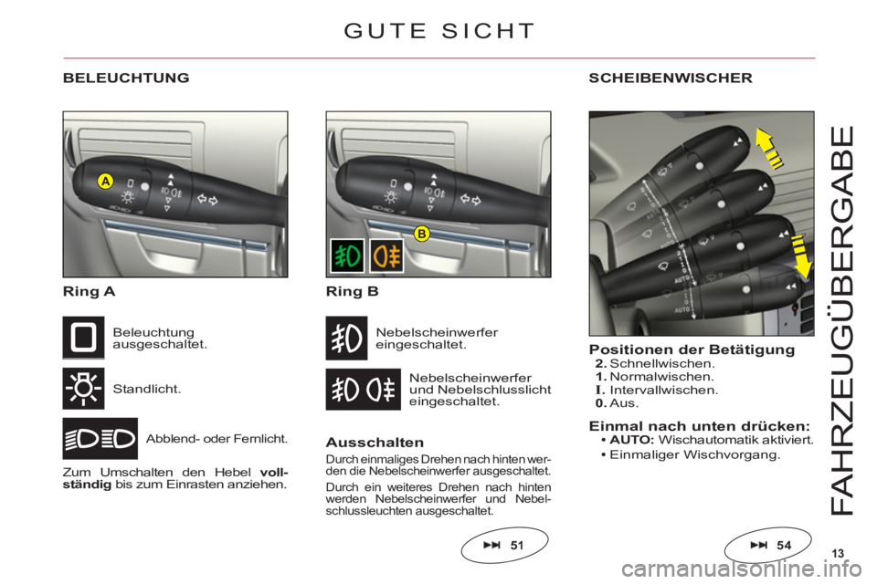 CITROEN C6 2012  Betriebsanleitungen (in German) 13
A
B
FAHRZE
UGÜ
BER
G
AB
E
BELEUCHTUNG
Ring A
Standlicht.
Abblend- oder Fernlicht.
Beleuchtung 
ausgeschaltet.
Zum Umschalten den Hebelvoll-
ständig bis zum Einrasten anziehen.
Nebelscheinwerfer u