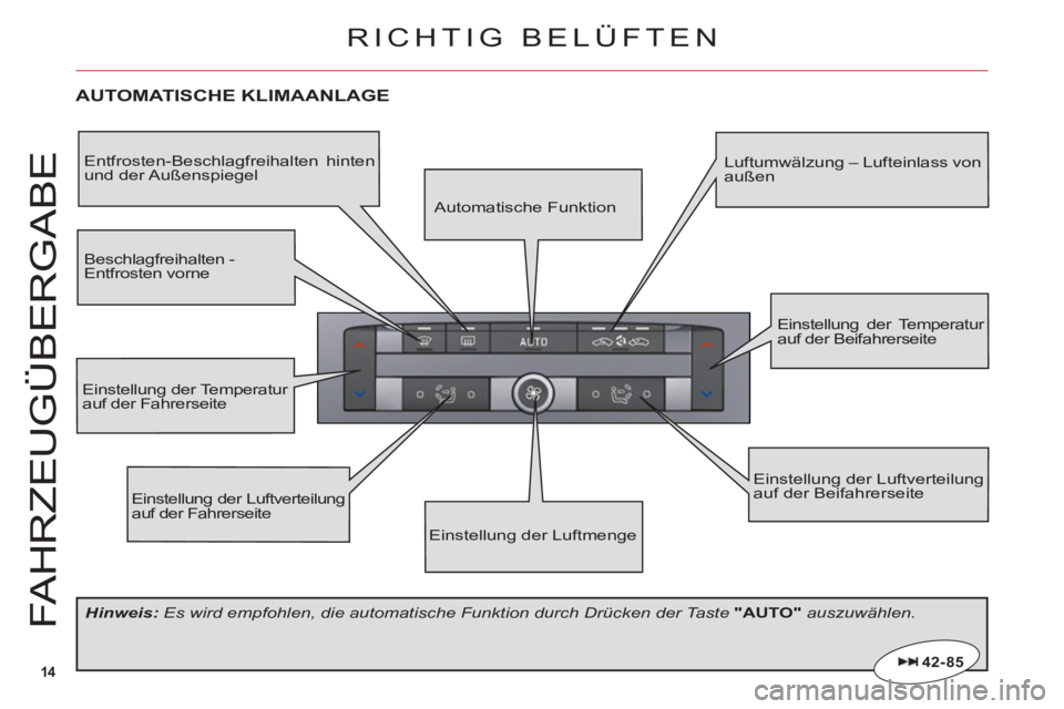 CITROEN C6 2012 Betriebsanleitungen (in German) 14
FAHRZE
UGÜ
BER
G
AB
E
AUTOMATISCHE KLIMAANLAGE
Einstellung der Luftverteilung auf der Fahrerseite
Einstellung der Luftverteilung auf der Beifahrerseite
Einstellung der Temperatur auf der Fahrersei CITROEN C6 2012 Betriebsanleitungen (in German) 14
FAHRZE
UGÜ
BER
G
AB
E
AUTOMATISCHE KLIMAANLAGE
Einstellung der Luftverteilung auf der Fahrerseite
Einstellung der Luftverteilung auf der Beifahrerseite
Einstellung der Temperatur auf der Fahrersei