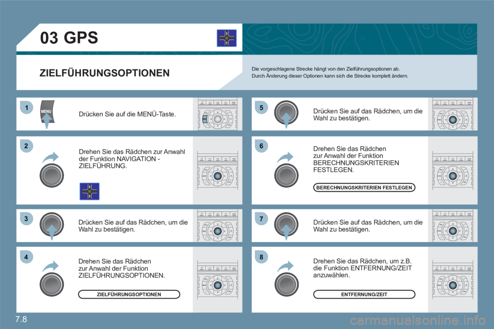CITROEN C6 2012 Betriebsanleitungen (in German) 7.8
11
22
33
44
55
66
77
88
03
ZIELFÜHRUNGSOPTIONEN
GPS
Die vorgeschlagene Strecke hängt von den Zielführungsoptionen ab. Durch Änderung dieser Optionen kann sich die Strecke komplett ändern.
Dr CITROEN C6 2012 Betriebsanleitungen (in German) 7.8
11
22
33
44
55
66
77
88
03
ZIELFÜHRUNGSOPTIONEN
GPS
Die vorgeschlagene Strecke hängt von den Zielführungsoptionen ab. Durch Änderung dieser Optionen kann sich die Strecke komplett ändern.
Dr