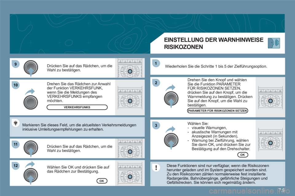 CITROEN C6 2012 Betriebsanleitungen (in German) 7.9
99
1010
1111
1212
22
11
33
Drehen Sie das Rädchen zur Anwahlder Funktion VERKEHRSFUNK, wenn Sie die Meldungen desVERKEHRSFUNKS empfangenmöchten.
Drücken Sie auf das Rädchen, um die Wahl zu CITROEN C6 2012 Betriebsanleitungen (in German) 7.9
99
1010
1111
1212
22
11
33
Drehen Sie das Rädchen zur Anwahlder Funktion VERKEHRSFUNK, wenn Sie die Meldungen desVERKEHRSFUNKS empfangenmöchten.
Drücken Sie auf das Rädchen, um die Wahl zu