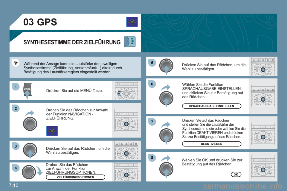 CITROEN C6 2012 Betriebsanleitungen (in German) 7.10
03
66
88
77
55
11
22
33
44
GPS
SYNTHESESTIMME DER ZIELFÜHRUNG
Drücken Sie auf das Rädchen, um die Wahl zu bestätigen.
Während der Ansage kann die Lautstärke der jeweiligenSynthesest CITROEN C6 2012 Betriebsanleitungen (in German) 7.10
03
66
88
77
55
11
22
33
44
GPS
SYNTHESESTIMME DER ZIELFÜHRUNG
Drücken Sie auf das Rädchen, um die Wahl zu bestätigen.
Während der Ansage kann die Lautstärke der jeweiligenSynthesest