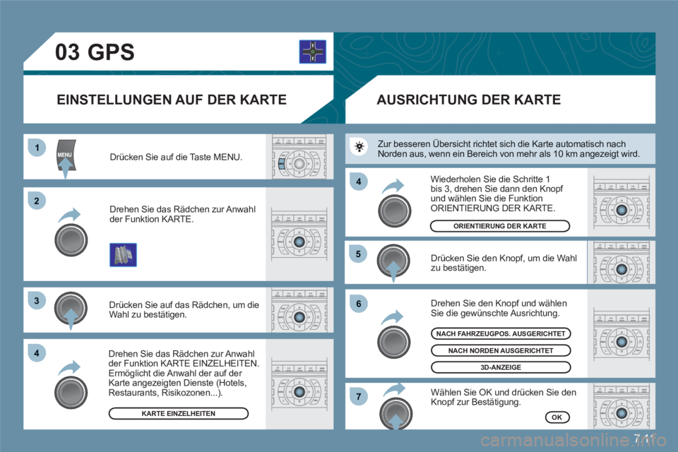 CITROEN C6 2012 Betriebsanleitungen (in German) 7.11
03
11
22
33
44
55
66
77
44
Drücken Sie auf die Taste MENU.
Drehen Sie das Rädchen zur Anwahl der Funktion KARTE.
Drücken Sie auf das Rädchen, um die Wahl zu bestätigen.
Drehen Sie das R CITROEN C6 2012 Betriebsanleitungen (in German) 7.11
03
11
22
33
44
55
66
77
44
Drücken Sie auf die Taste MENU.
Drehen Sie das Rädchen zur Anwahl der Funktion KARTE.
Drücken Sie auf das Rädchen, um die Wahl zu bestätigen.
Drehen Sie das R