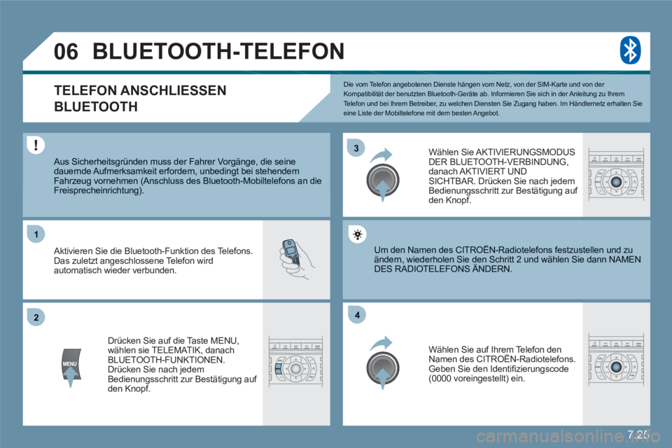 CITROEN C6 2012  Betriebsanleitungen (in German) 7.25
33
22
11
44
06
  Die vom Telefon angebotenen Dienste hängen vom Netz, von der SIM-Karte und von der Kompatibilität der benutzten Bluetooth-Geräte ab. Informieren Sie sich in der Anleitung zu I