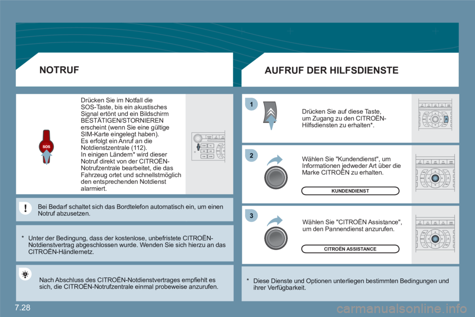 CITROEN C6 2012 Betriebsanleitungen (in German) 7.28
11
22
33
CITROËN ASSISTANCE
KUNDENDIENST
*
Diese Dienste und Optionen unterliegen bestimmten Bedingungen und ihrer Verfügbarkeit.
AUFRUF DER HILFSDIENSTE
Drücken Sie auf diese Taste CITROEN C6 2012 Betriebsanleitungen (in German) 7.28
11
22
33
CITROËN ASSISTANCE
KUNDENDIENST
*
Diese Dienste und Optionen unterliegen bestimmten Bedingungen und ihrer Verfügbarkeit.
AUFRUF DER HILFSDIENSTE
Drücken Sie auf diese Taste