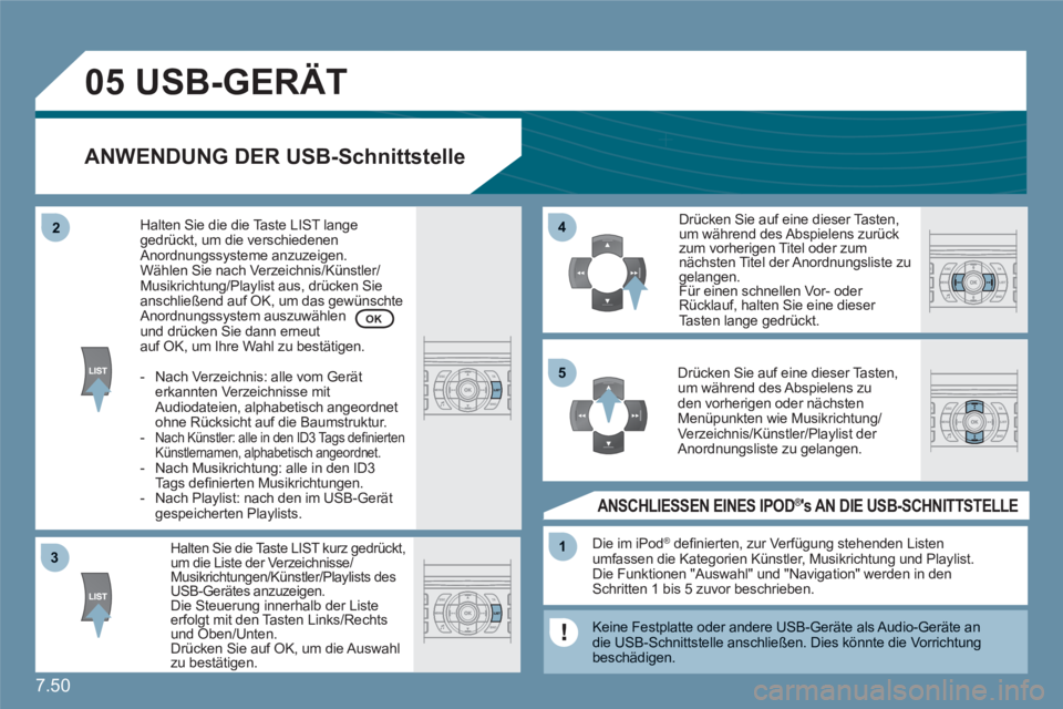 CITROEN C6 2012  Betriebsanleitungen (in German) 7.50
33
05
44
11
55
22
  USB-GERÄT
ANWENDUNG DER USB-Schnittstelle 
Halten Sie die Taste LIST kurz gedrückt,um die Liste der Verzeichnisse/Musikrichtungen/Künstler/Playlists des USB-Gerätes anzuze