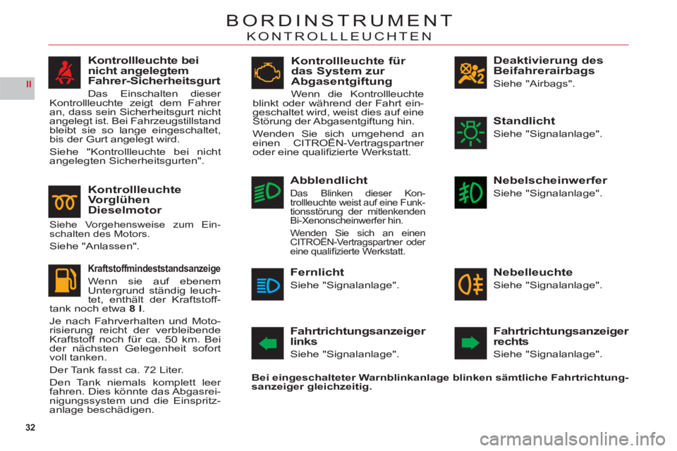 CITROEN C6 2012  Betriebsanleitungen (in German) 32
II
BORDINSTRUMENT
KONTROLLLEUCHTEN
Deaktivierung des 
Beifahrerairbags
Siehe "Airbags".
Fahrtrichtungsanzeiger 
links
Siehe "Signalanlage".
Fahrtrichtungsanzeiger 
rechts
Siehe "Signalanlage".
Bei 